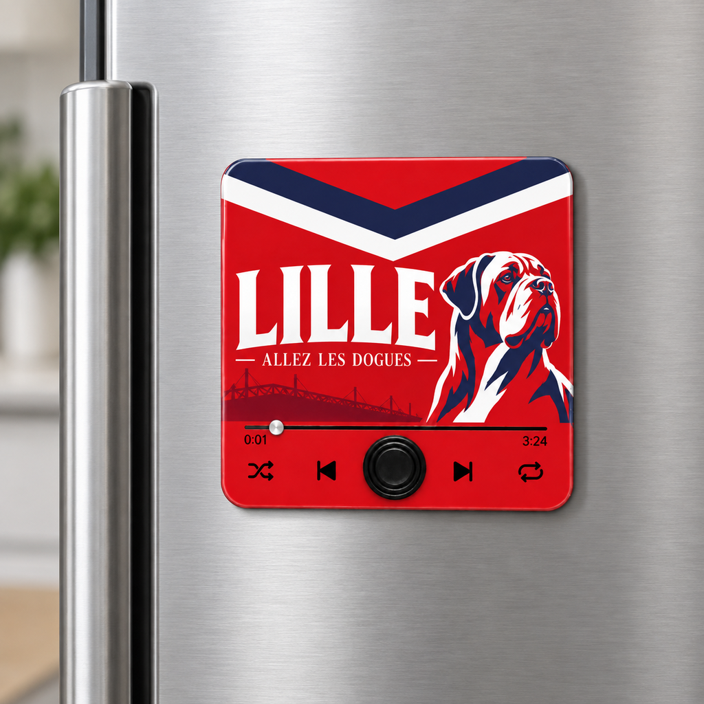Magnet sonore Lille Allez les Dogues sur un réfrigérateur