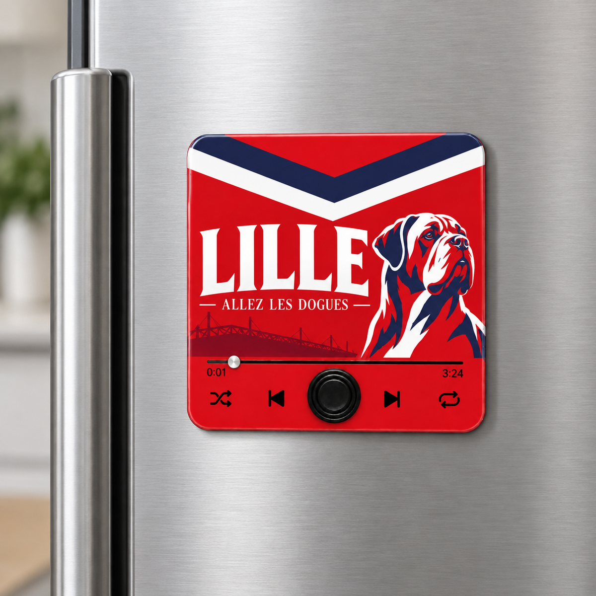 Magnet sonore Lille Allez les Dogues sur un réfrigérateur